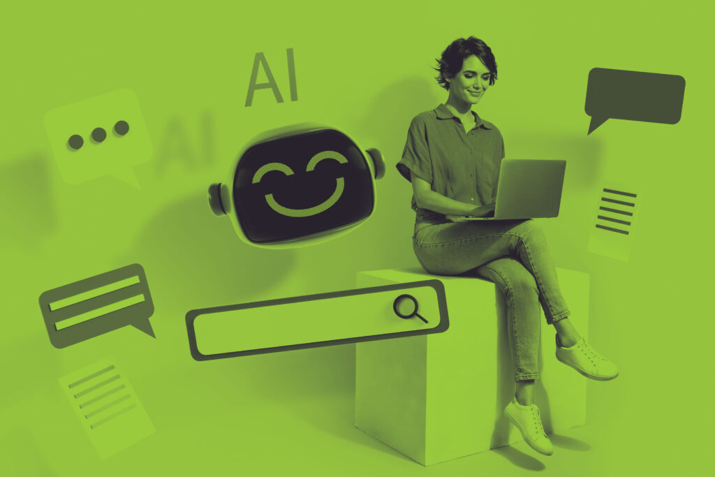 Lady sitting with lap top smiling on a cube with floating 3D chat boxes and an AI agent