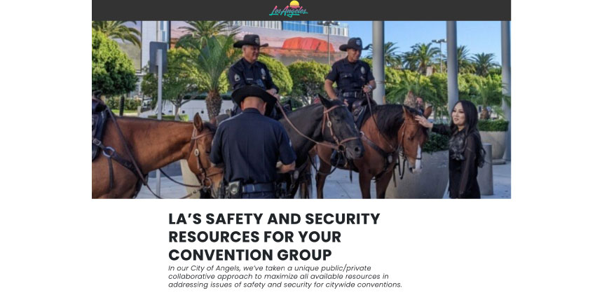 LA's safety and security resources for your convention group written out on the Discover Los Angeles website with a photo of officers on horses and a civilian lady petting one of the horses