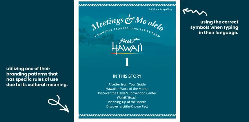 image of one of Meet Hawaii's email newsletters featuring their native language and arrows pointing to the uses describing cultural accuracy.