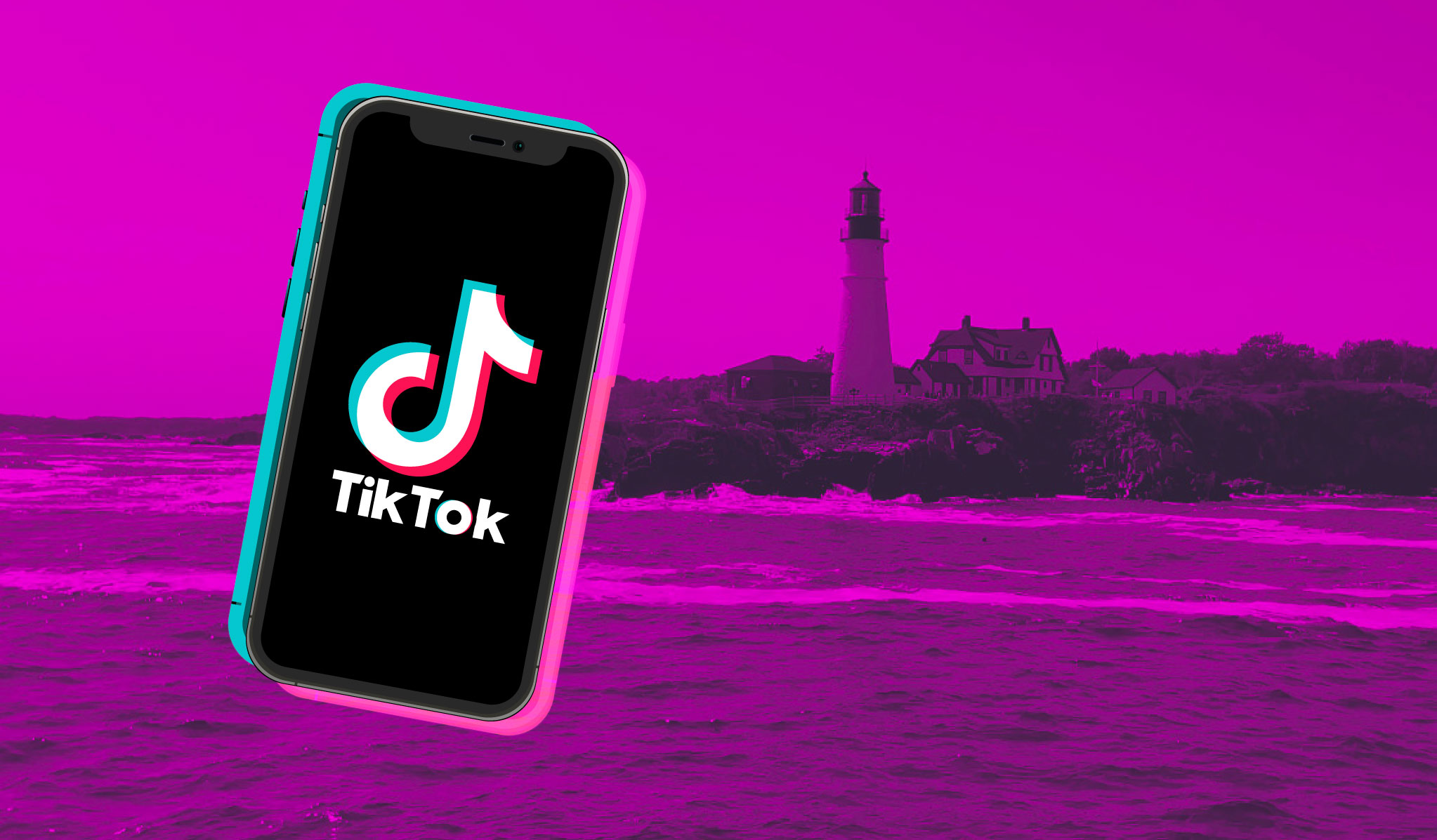 TikTok logo and logo type on a smart phone floating ontop of a purple to black duotone photo of the coast of maine with a lighthouse